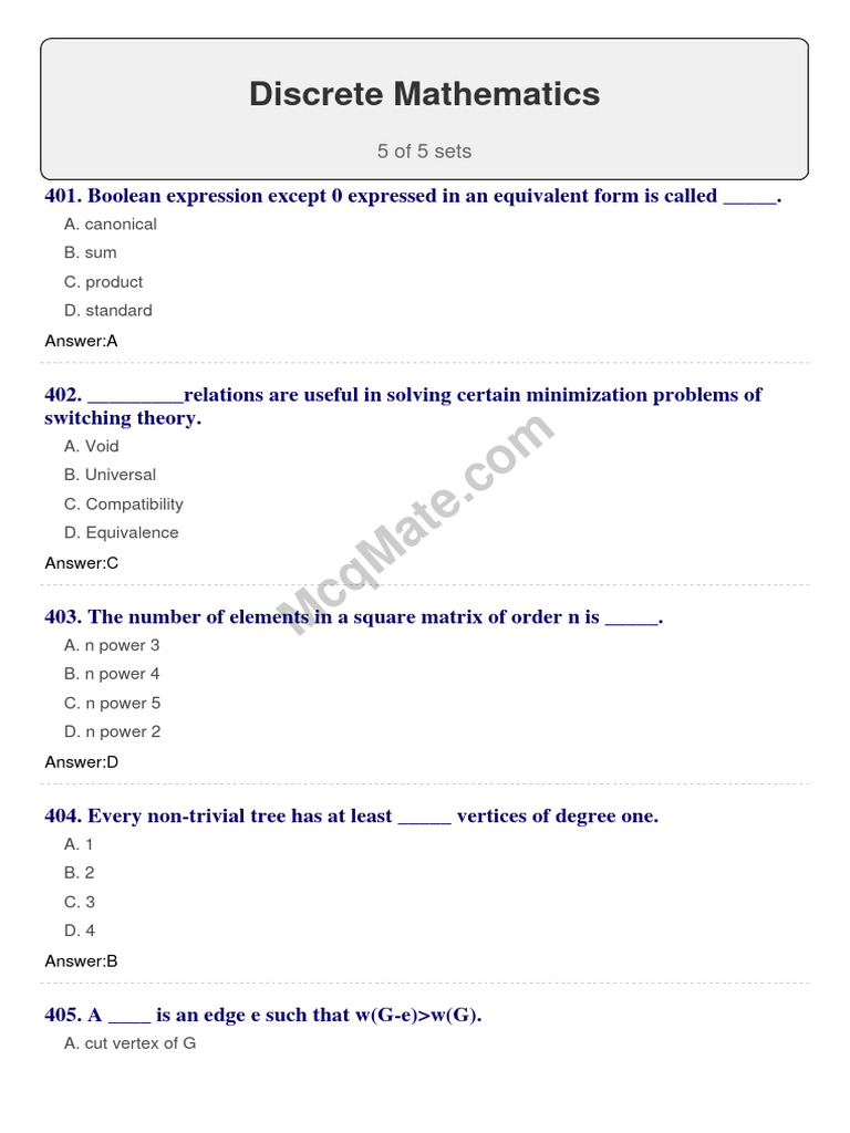 Discrete Mathematics MCQs and Answers | PDF | Graph Theory ...