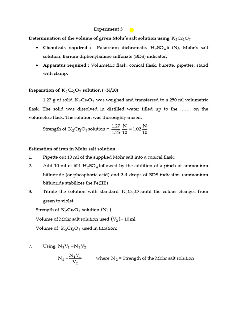Mohr's Salt Volume Determination Experiment | PDF | Home & Garden ...