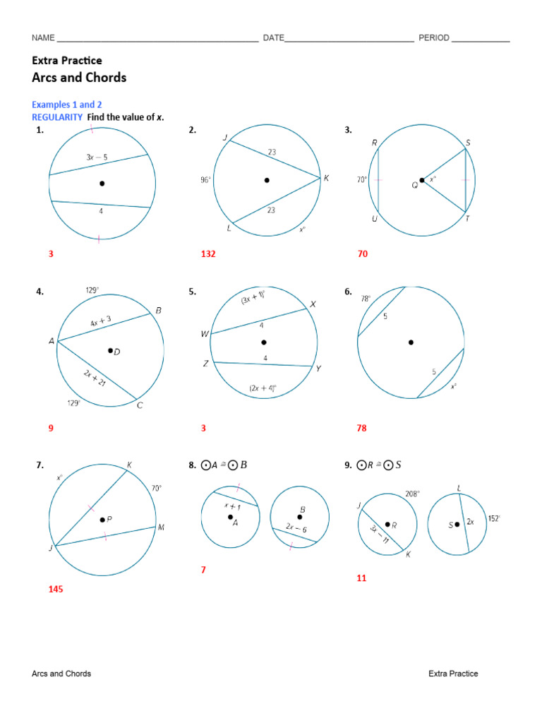 Arcs and Chords Extra Practice Worksheet | PDF
