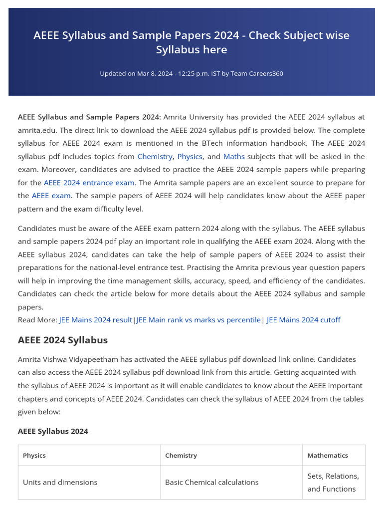 AEEE 2024 Syllabus and Sample Papers | PDF | Chemistry | Equations