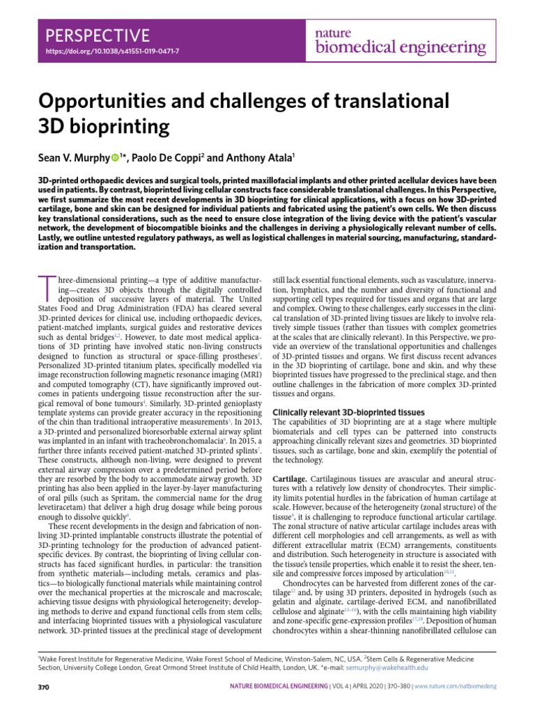 Challenges in 3D Bioprinting Tissues | PDF | Tissue Engineering | Bone