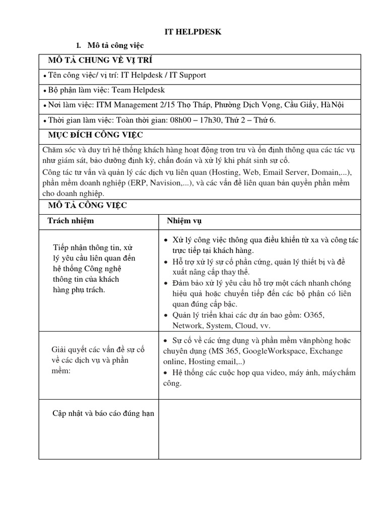 JD ITM IT Helpdesk HN | PDF