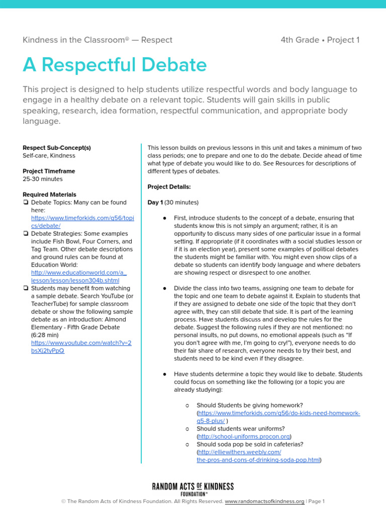 Grade 4 Respect Project 1 A Respectful Debate | PDF | Human ...