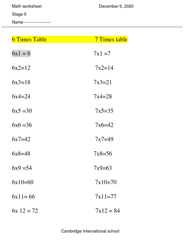 Time Table (6&7) - Worksheet | PDF