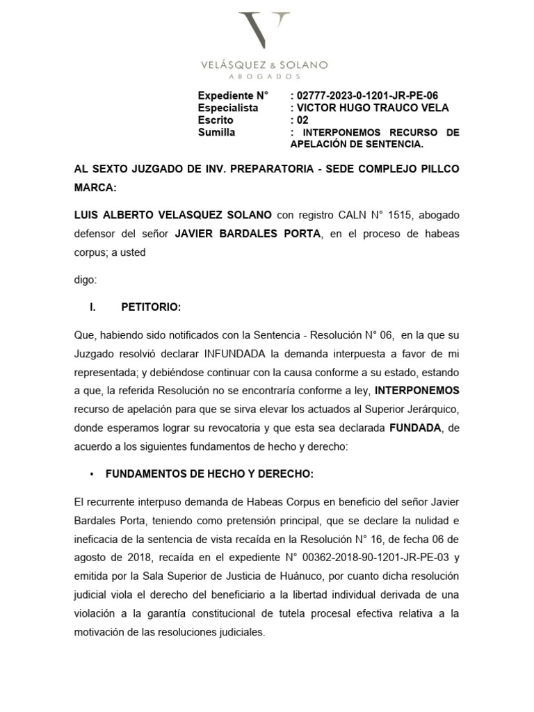 Recurso de Apelación en Habeas Corpus | PDF | Ley procesal | Habeas corpus