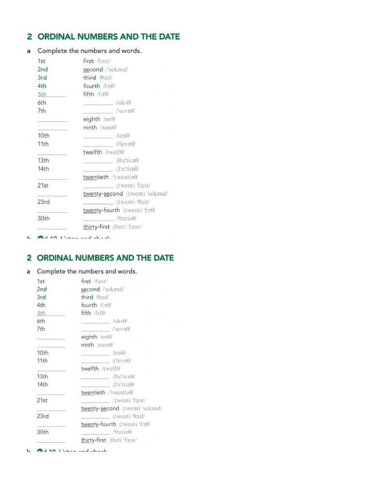Ordinal Numbers And Dates Pdf