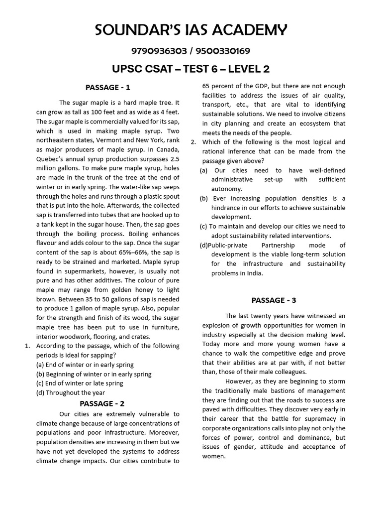 UPSC CSAT Test 6: Maple Syrup, Climate Change, Women in Industry | PDF ...
