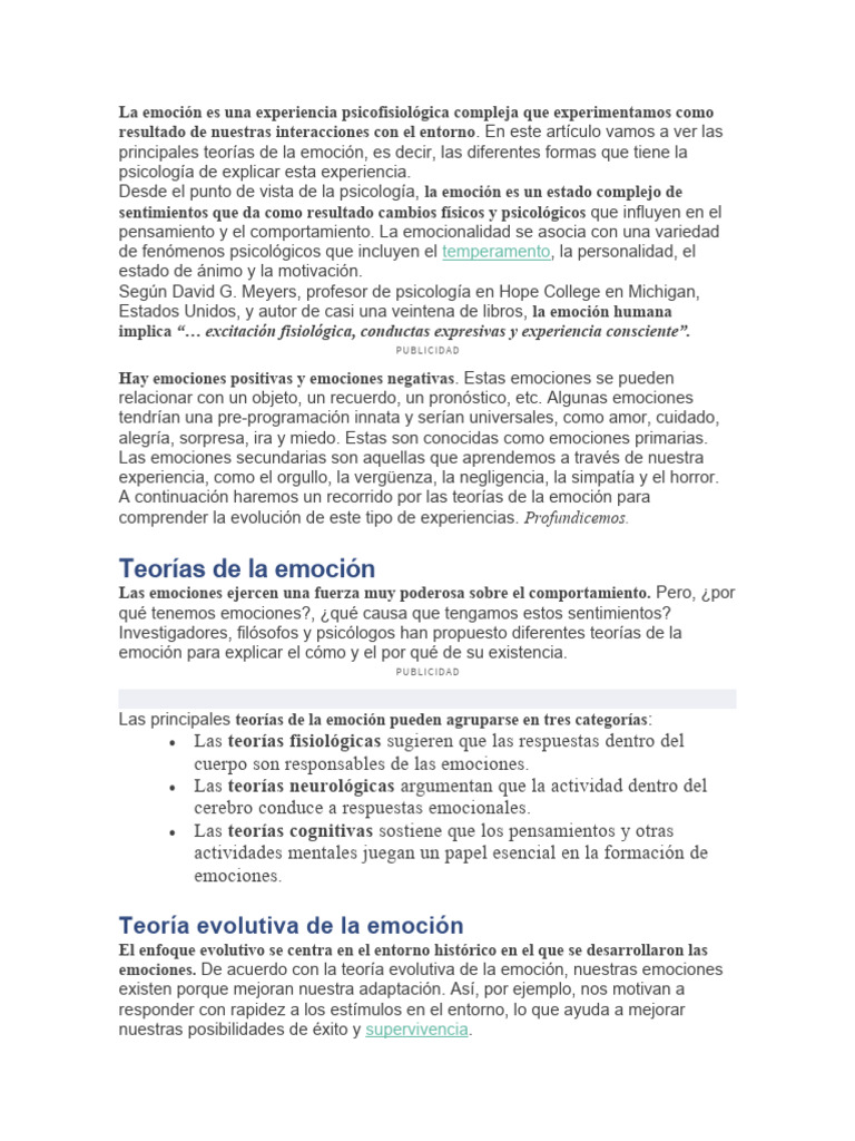 Teoria de Emociones | PDF | Las emociones | Experiencia