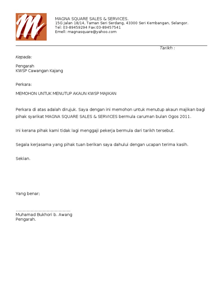 Contoh Surat Penutupan Akaun Bank Syarikat