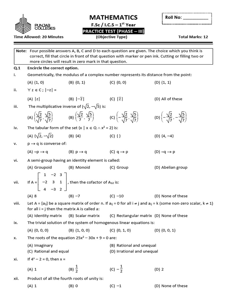 1st Year Mathematics Practice Test | PDF | Matrix (Mathematics ...