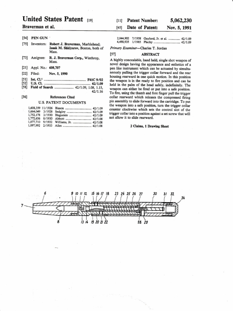 Braverman Pen Gun Patent and Drawing | PDF | Gun Barrel | Trigger ...