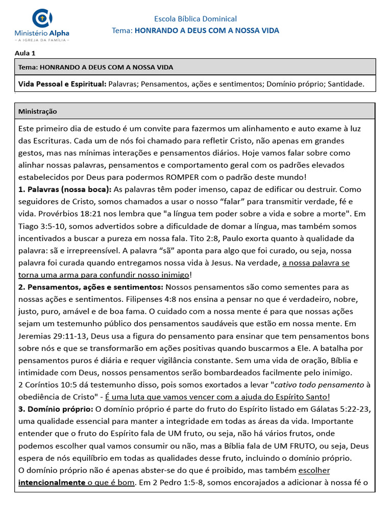 Honrando A Deus Com A Nossa Vida Aula 1 Pdf Santo Deus