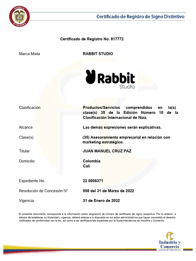 Certificado de Marca RABBIT Colombia | PDF