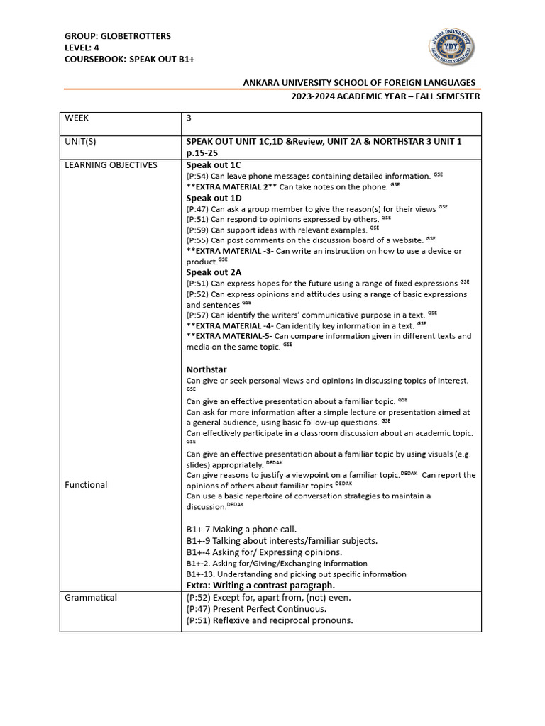 Speak Out B1+ Course Overview 2023 | PDF | Information | Communication