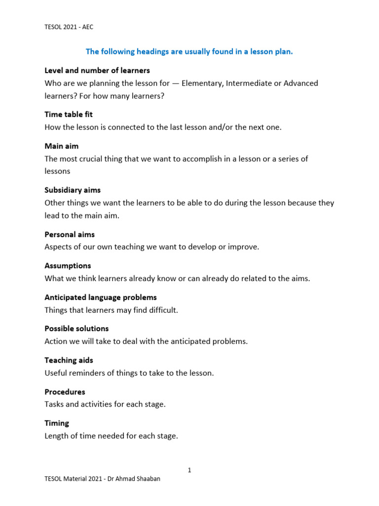 Essential Components of Lesson Plans | PDF | Learning | English As A ...