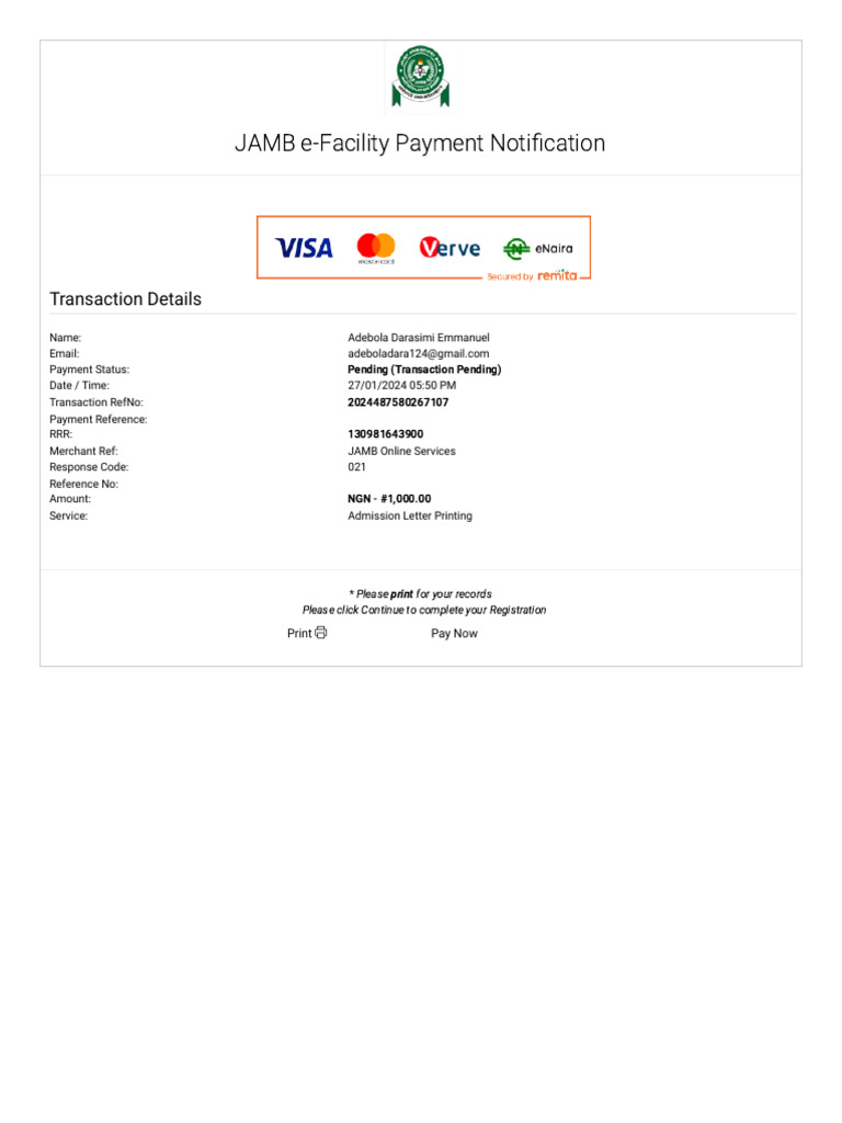 Efacility.jamb.Gov.ng Remitta RedirectURL Status=Payment+Reference