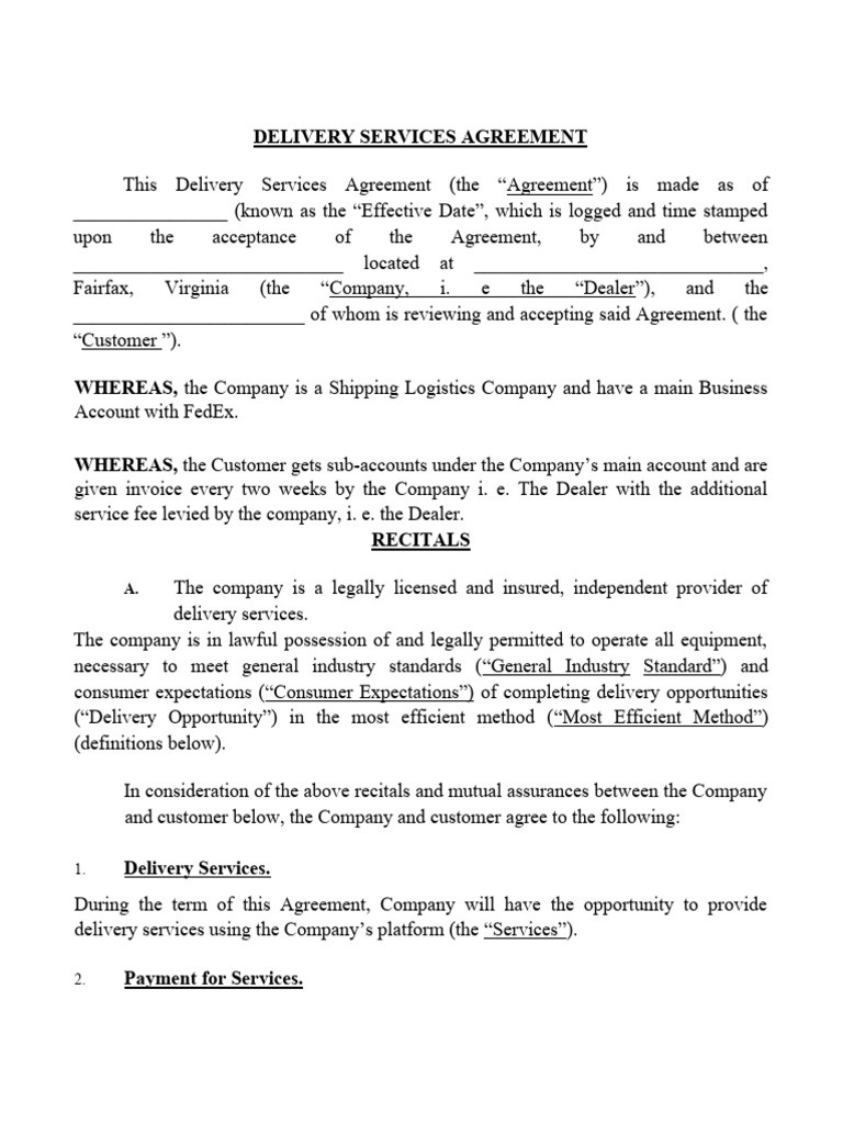 Delivery Services Agreement Overview | PDF | Damages | Employment