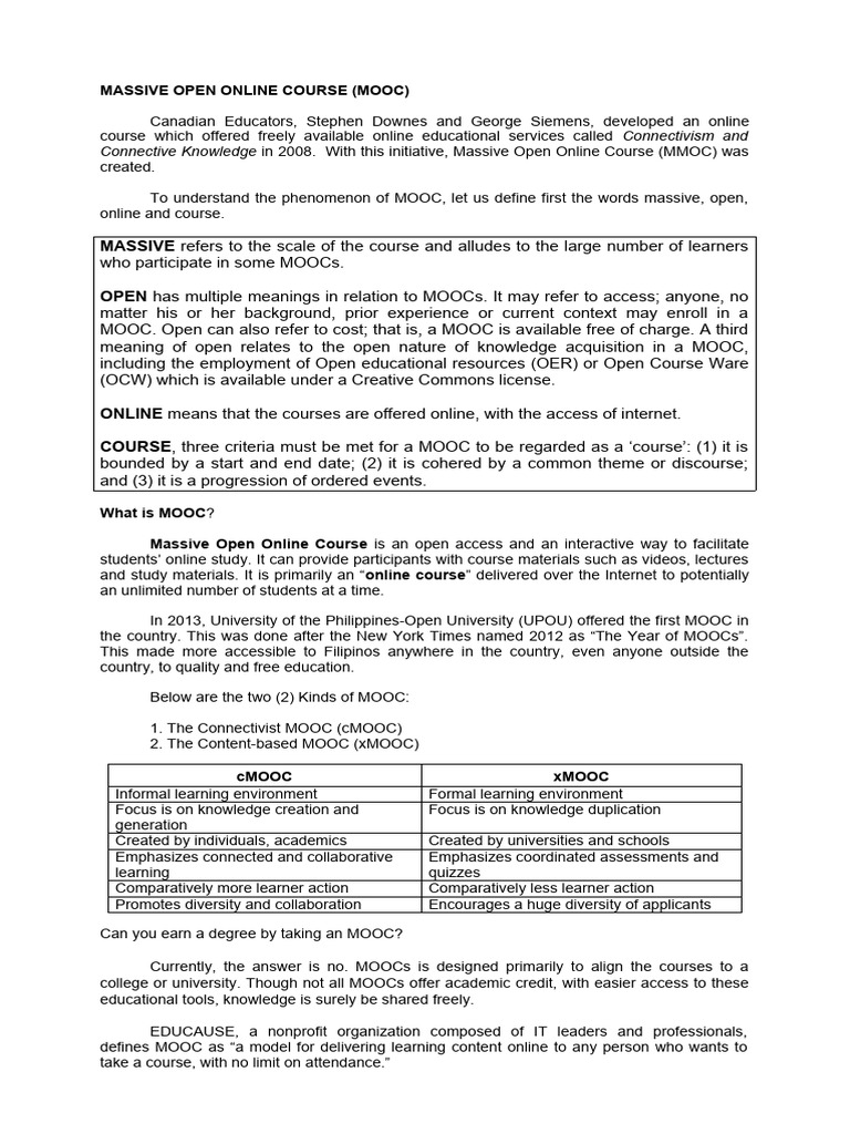 Understanding MOOCs: Definition and Impact | PDF | Massive Open Online ...