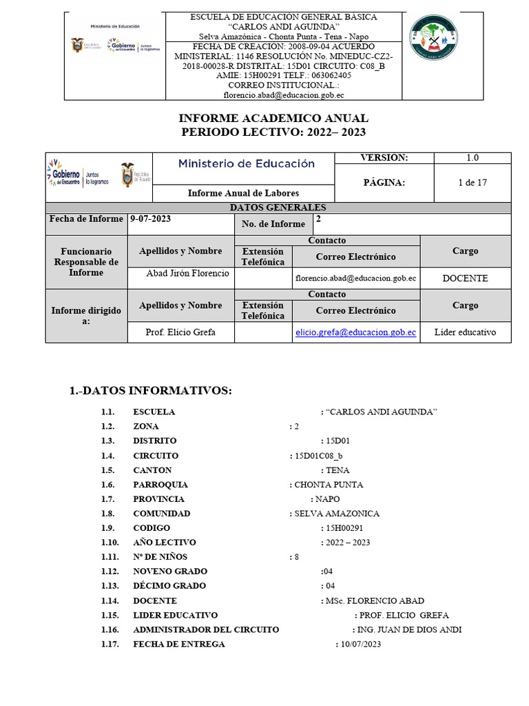 Informe Académico 2022-2023 EGB | PDF | Maestros | Educación de la ...