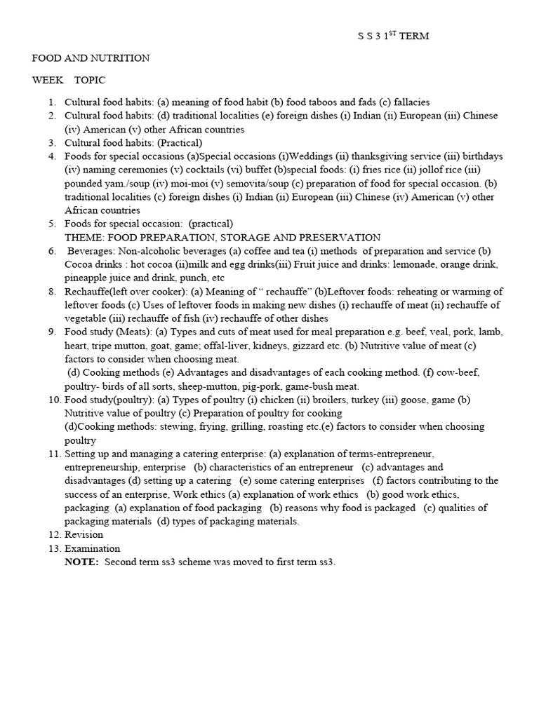 SS3 Food and Nutrition First Term Plan | PDF | Drink | Fat