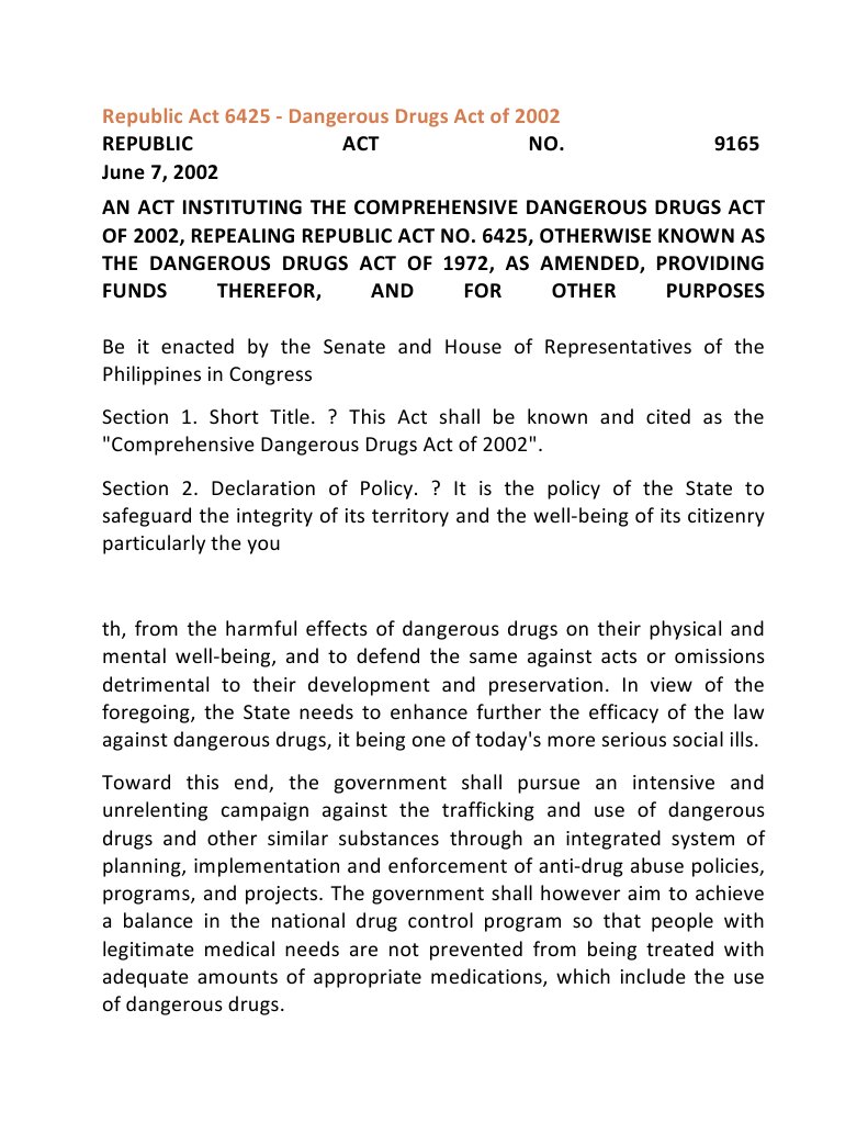 Republic act 9165 comprehensive dangerous drugs act of 2002