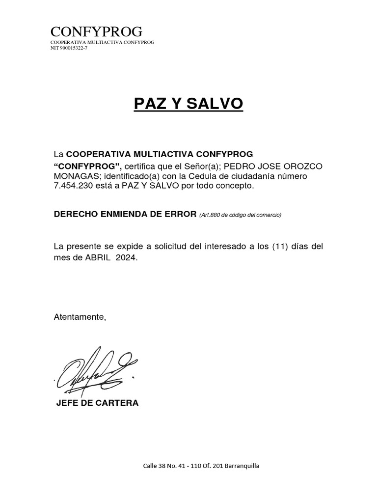 Paz y Salvo Cooperativa Confyprog | PDF