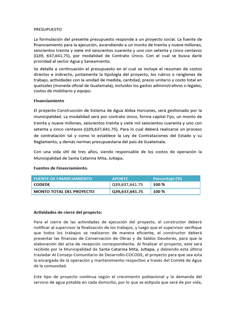 Presupuesto Sistema Agua Aldea Horcones | PDF | Presupuesto