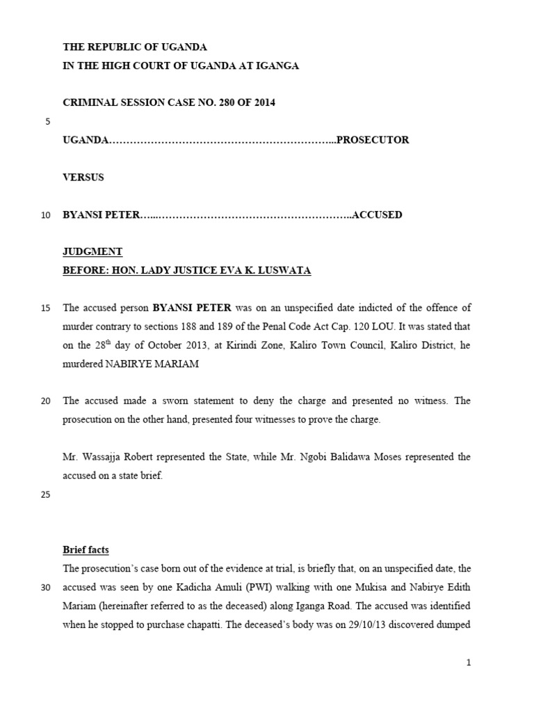 Uganda High Court Murder Case Judgment | PDF | Indictment | Murder