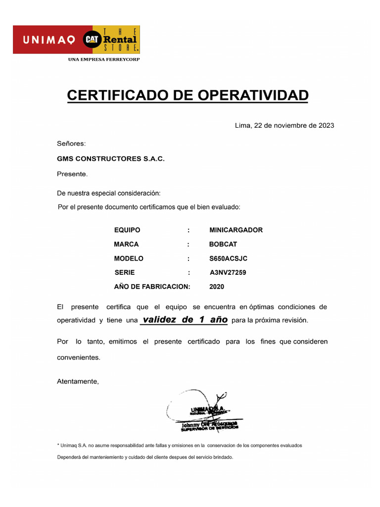Certificado de Operatividad | PDF
