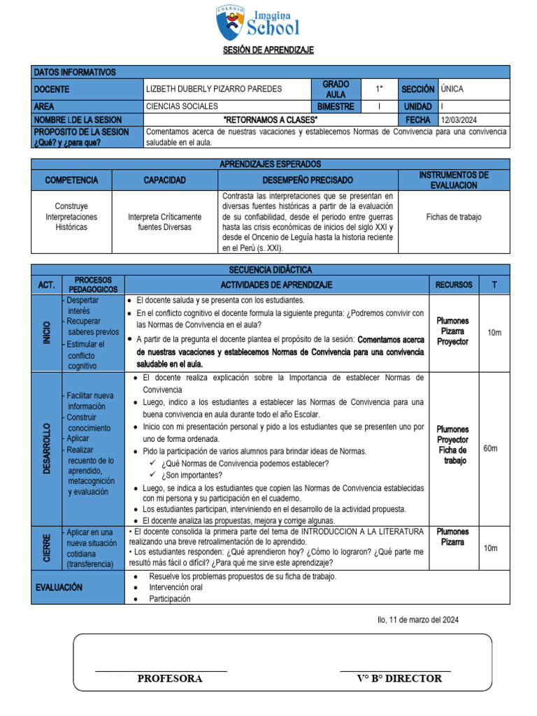Normas de Convivencia en Aula 1° | PDF | Salón de clases | Evaluación