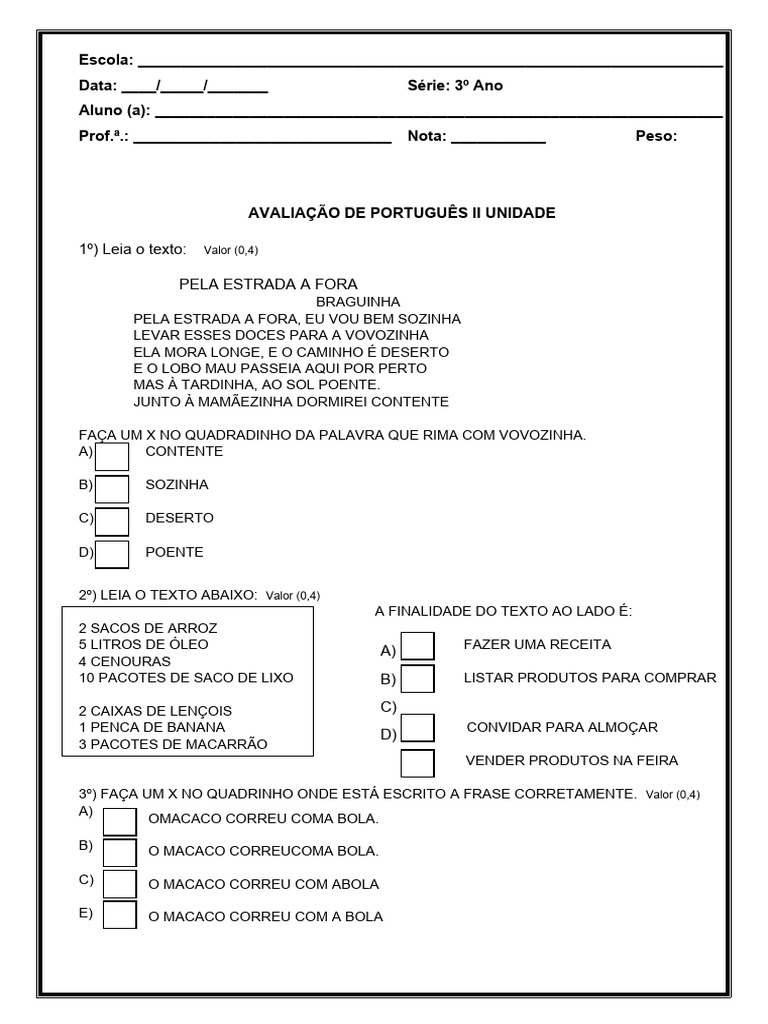 Avaliação de Português - 3º Ano | PDF
