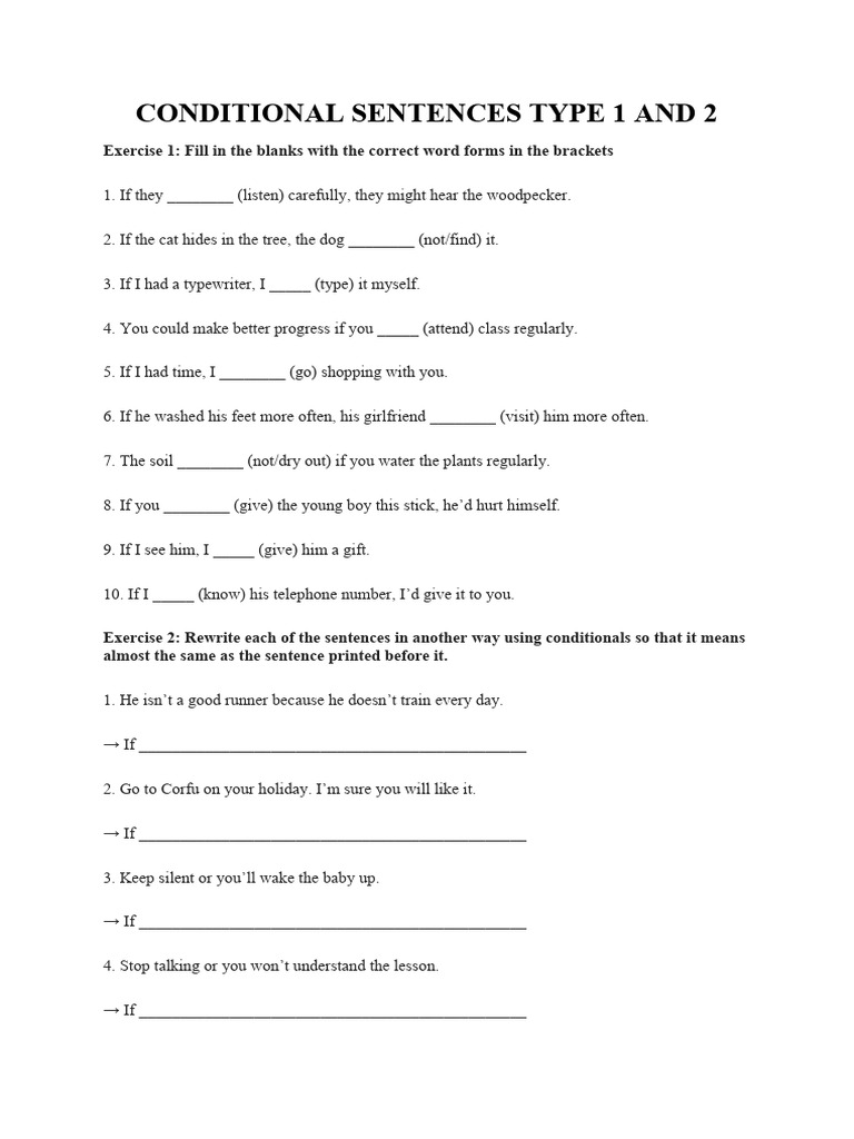 Conditional Sentences Exercises 1 & 2 | PDF | Language Arts ...