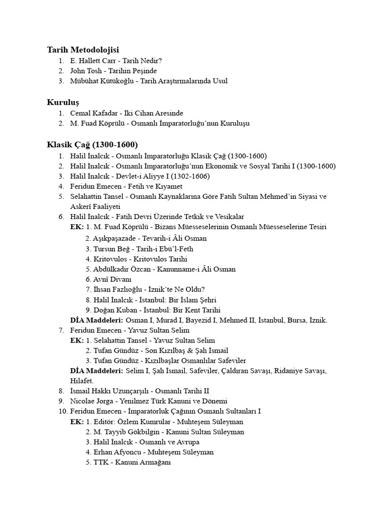 Osmanlı Tarihi Okuma Listesi | PDF
