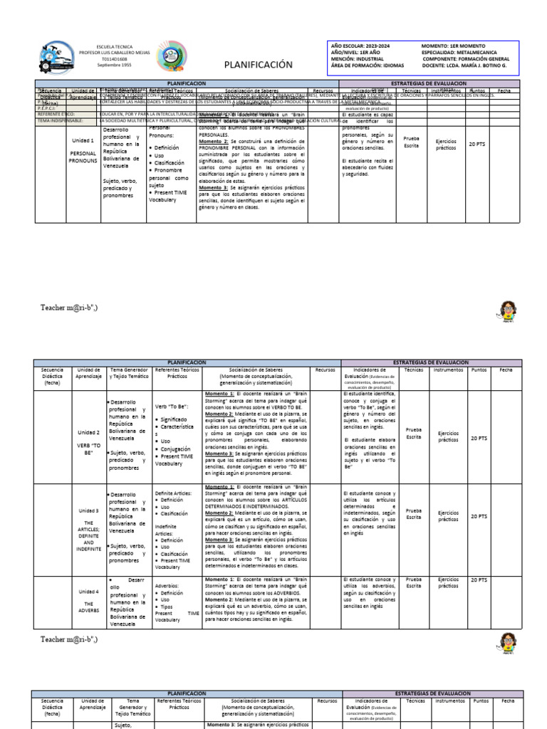 1ero B - 1er Lapso 2023-2024 | PDF | Evaluación | Maestros