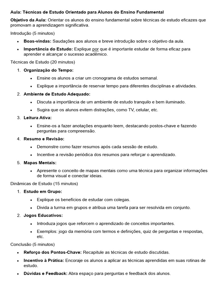 Técnicas de Estudo para o Ensino Fundamental | PDF | Aprendizado | Tempo