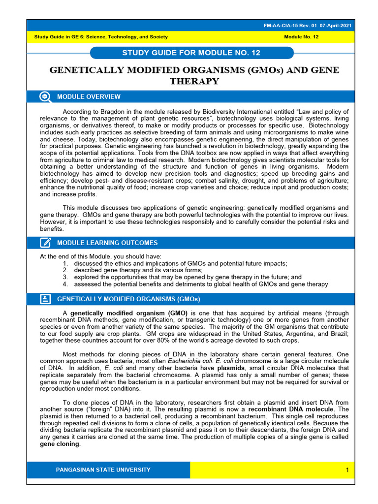 GMOs and Gene Therapy Study Guide | PDF | Genetically Modified Organism ...