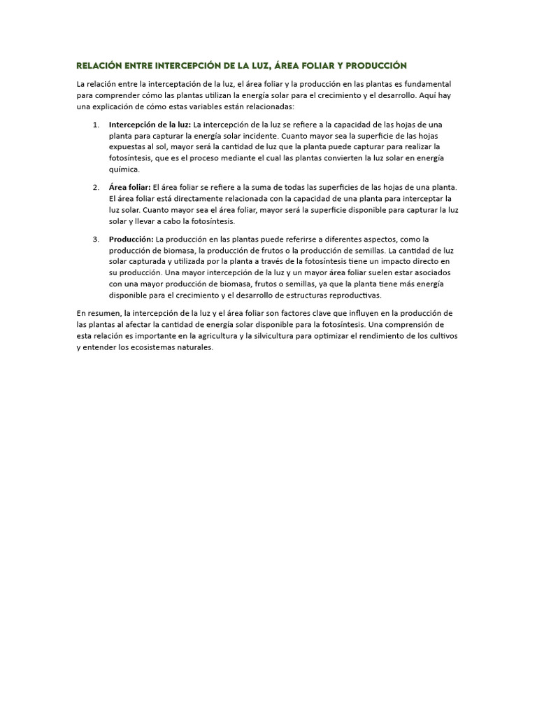 Relación Entre Intercepción de La Luz | PDF | Plantas | Fotosíntesis