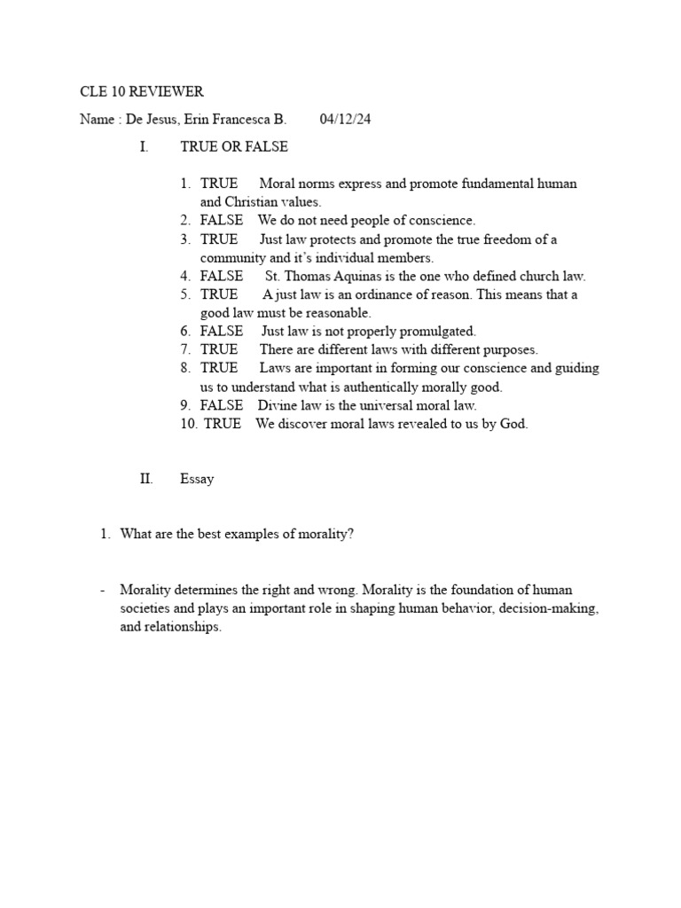 CLE 10 Moral Norms and Laws Review | PDF | Science & Mathematics ...