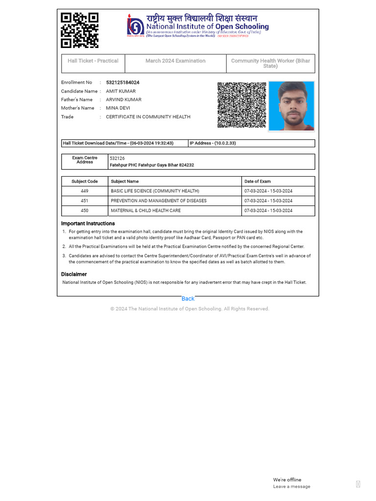 NIOS Practical Hall Ticket 2024 | PDF