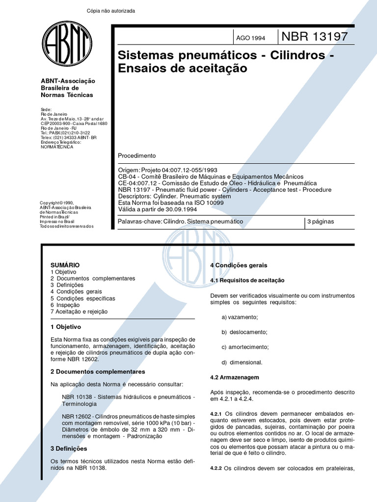 NBR 13197 - Sistemas Pneumaticos - Cilindros - Ensaios de Aceitacao ...