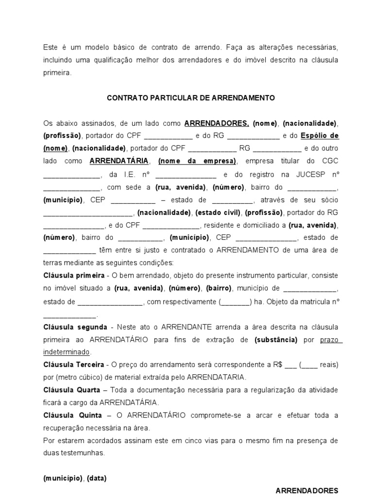 Contrato De Arrendamento Modelo