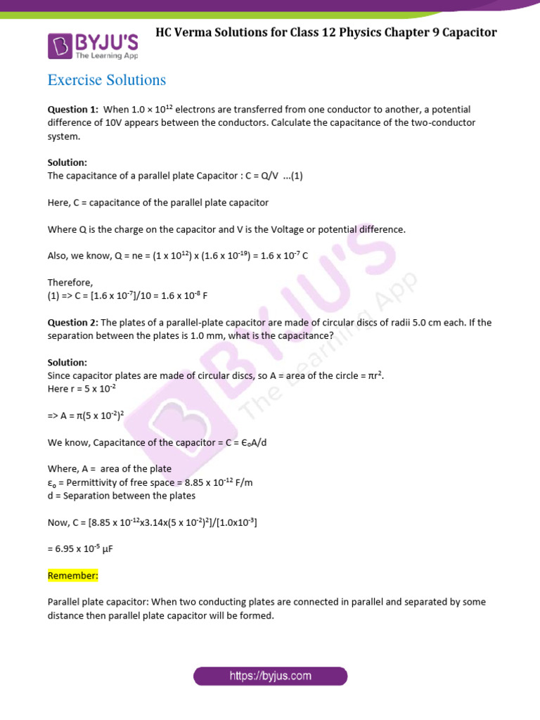 HC Verma Solutions Class 12 Physics Chapter 9 Capacitor PDF