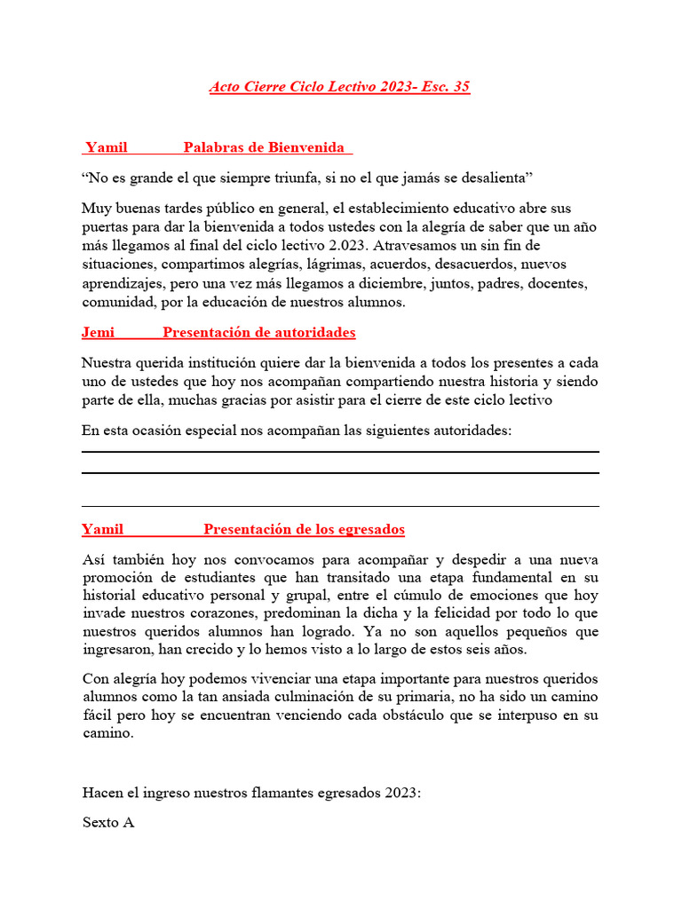 Cierre del Ciclo Lectivo 2023 en Esc. 35 | PDF | Las emociones