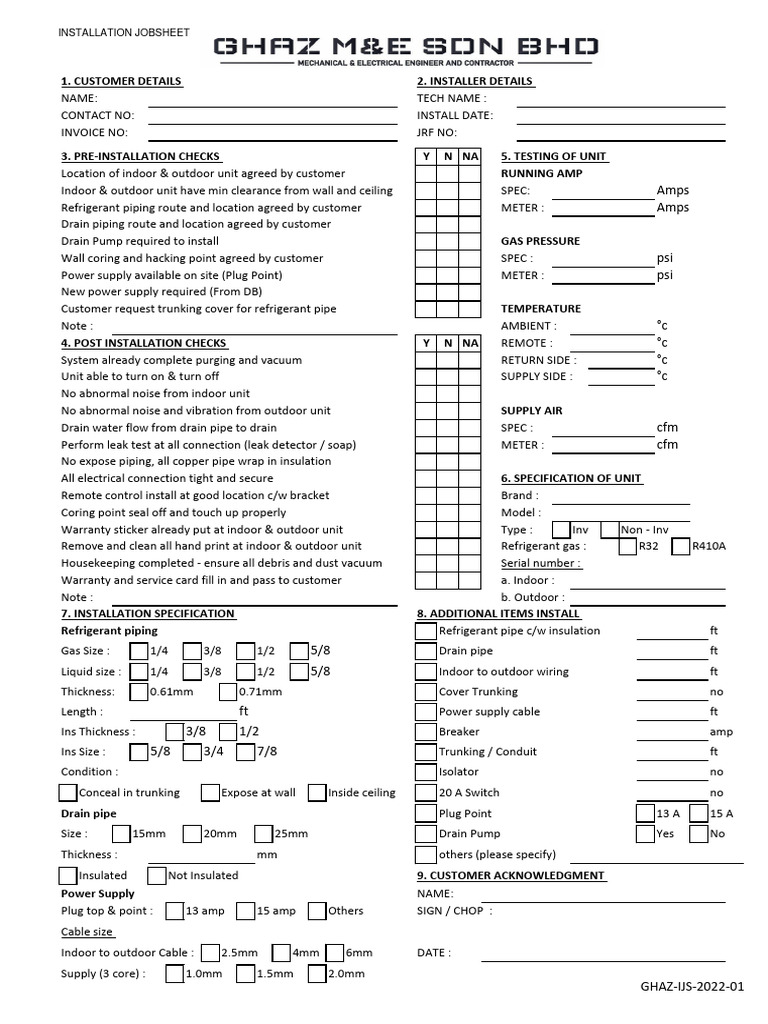 Installation Job Sheet Template | PDF | Pipe (Fluid Conveyance) | Leak