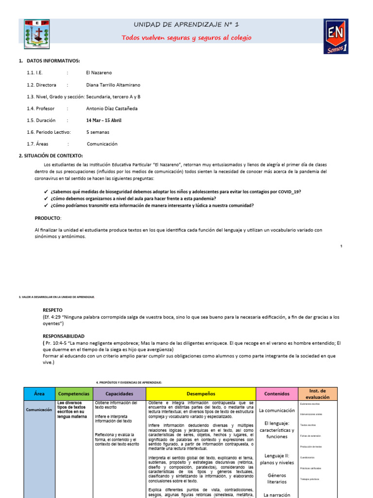 UNIDAD DE APRENDIZAJE 1 y 2 - TERCERO | PDF | Léxico | Comunicación