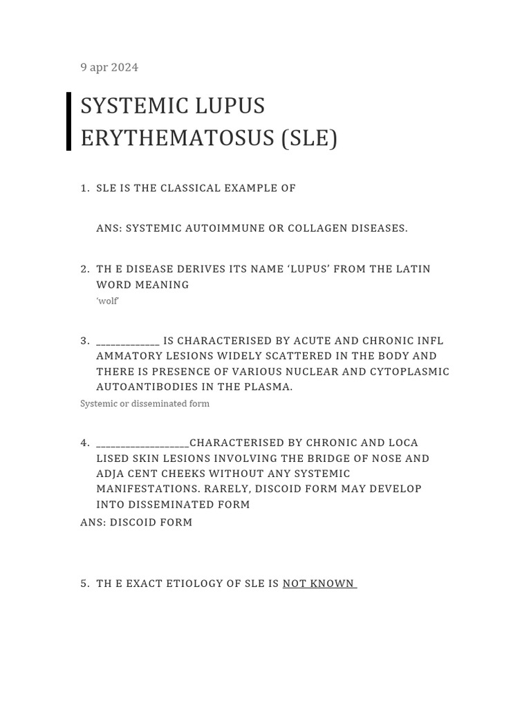 Systemic Lupus Erythematosus (Sle) : Wolf' | PDF | Medical Specialties ...