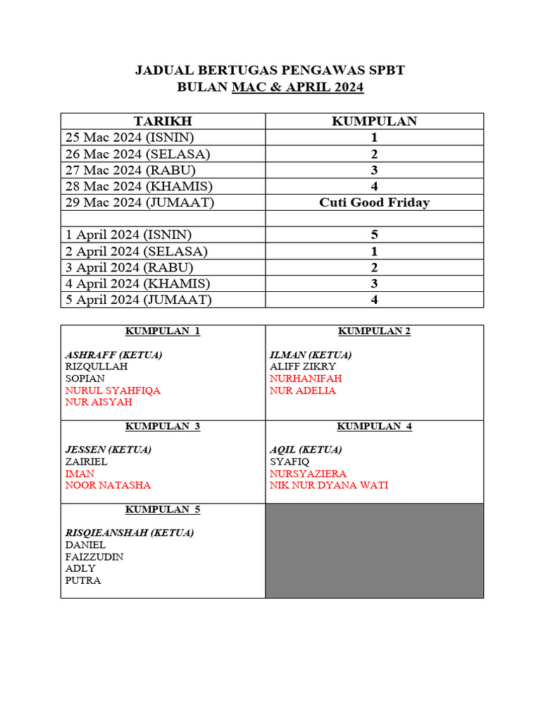Jadual Bertugas Pengawas Spbt Pdf
