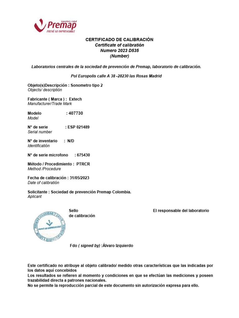 Certificado de Calibración de Sonómetro | PDF