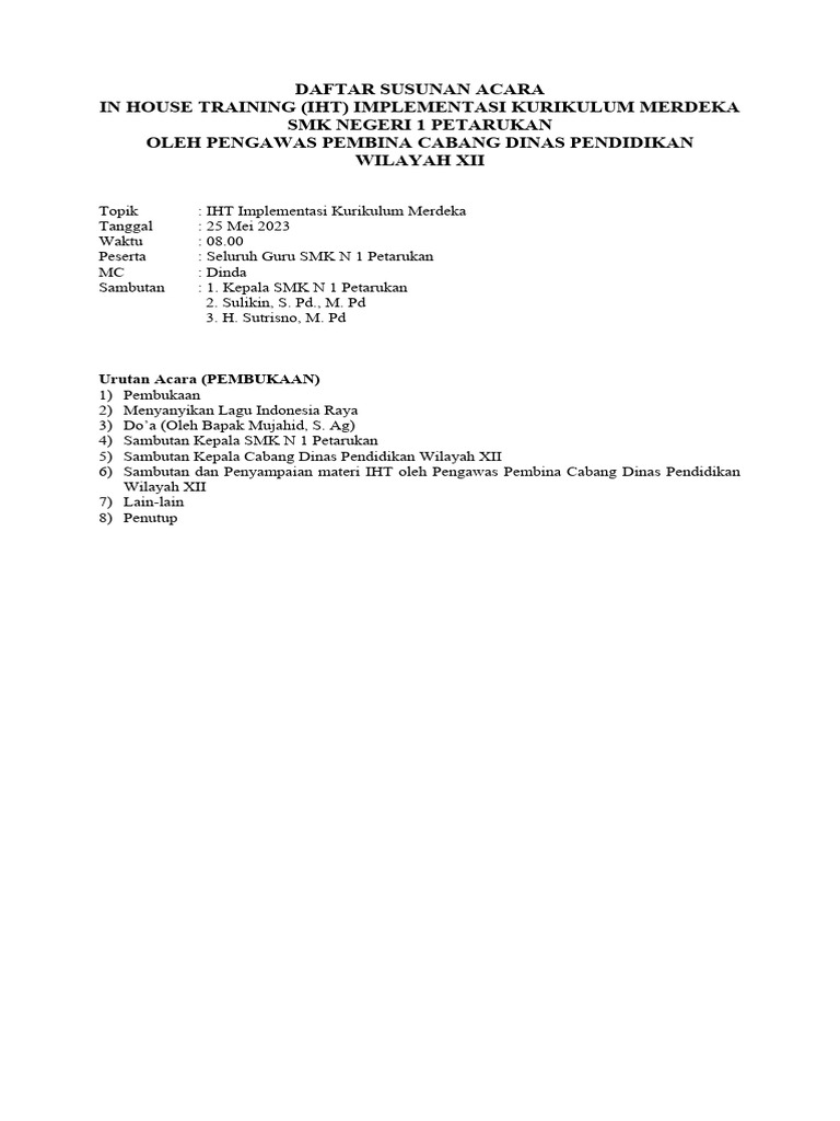 Susunan Acara IHT Kurikulum Merdeka | PDF | Karier & Perkembangan ...