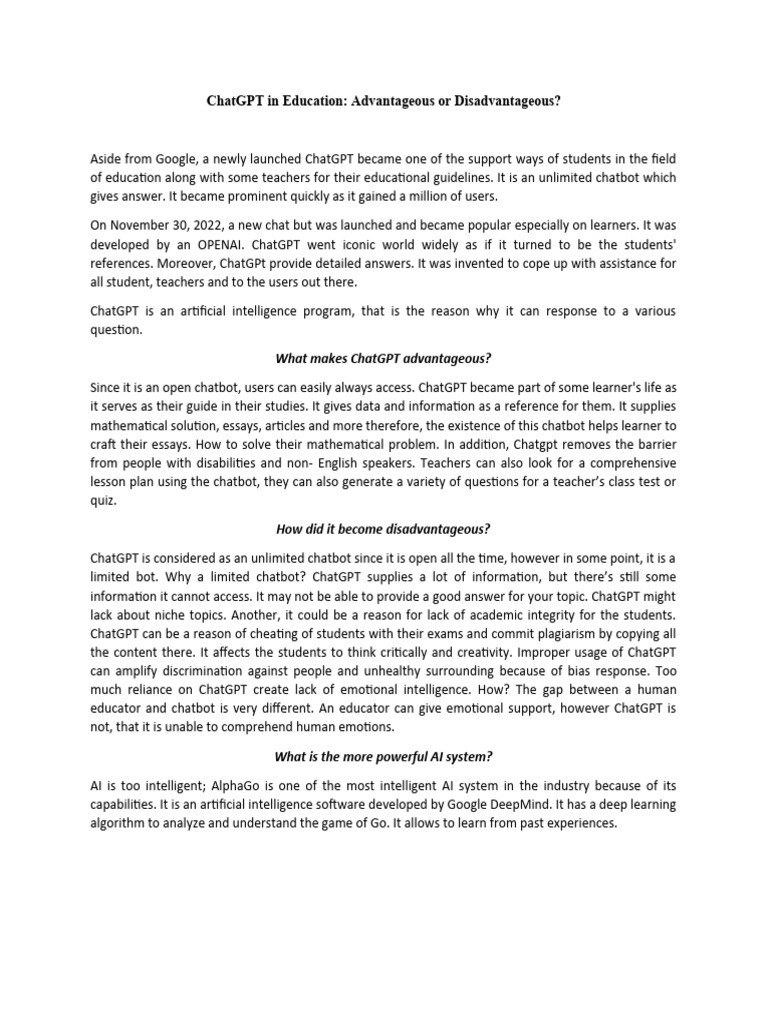 ChatGPT in Education Advantageous or Disadvantageous | PDF | Artificial ...